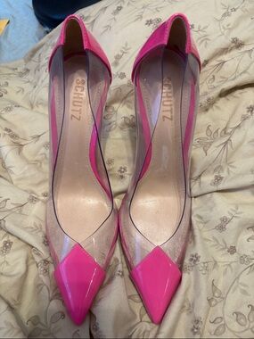 SCHUTZ Cendi Transparent Clear Vinyl Hot Pink Pointed Toe Pumps